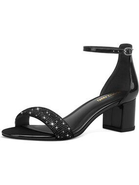 Women's Low Block Chunky Heel Sandals Open Toe Black Rhine Ankle Strappy Buckle